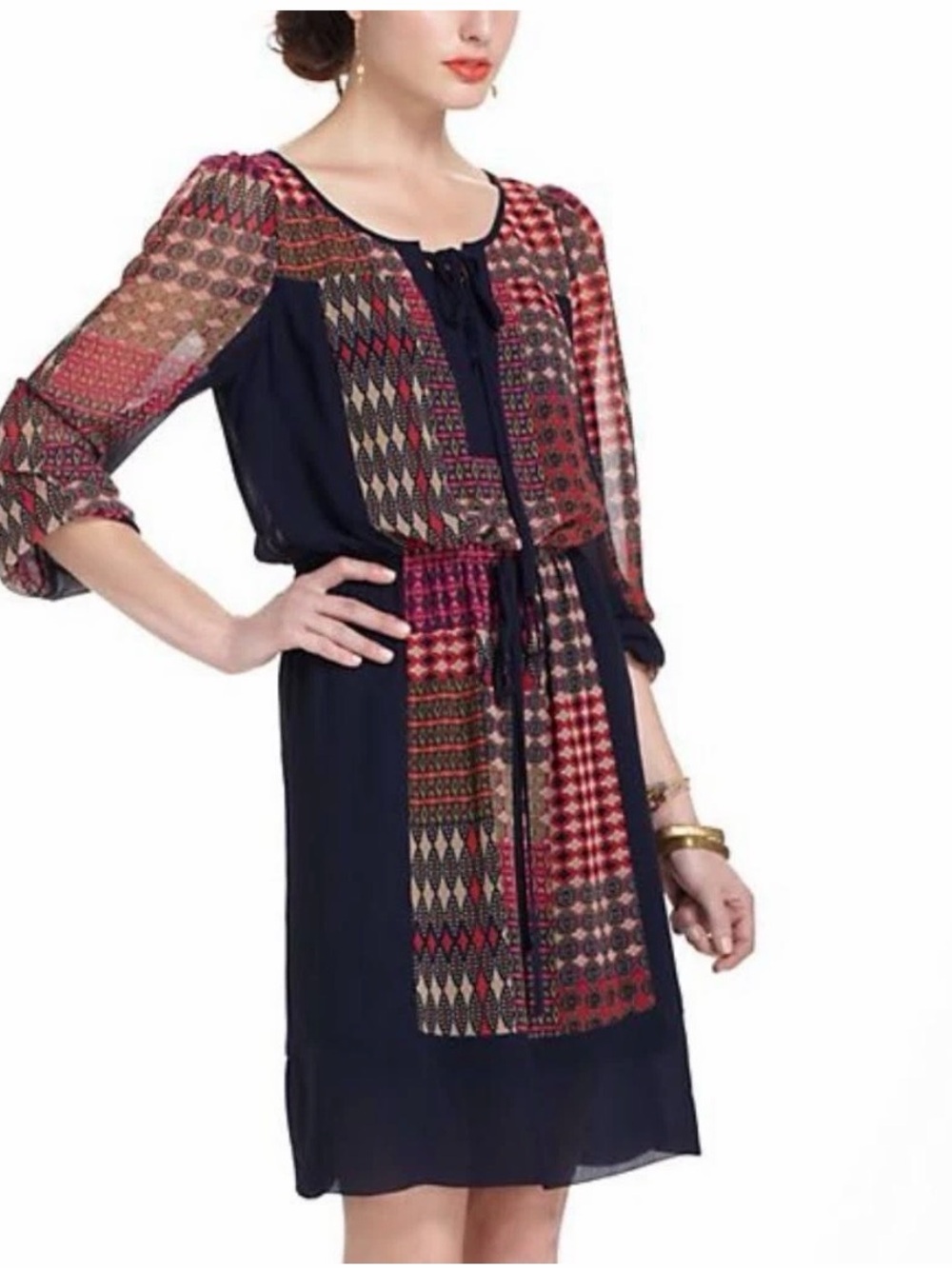 Anthropologie Maeve Rosalie Peasant Patchwork Print Navy Tie-Waist Dress